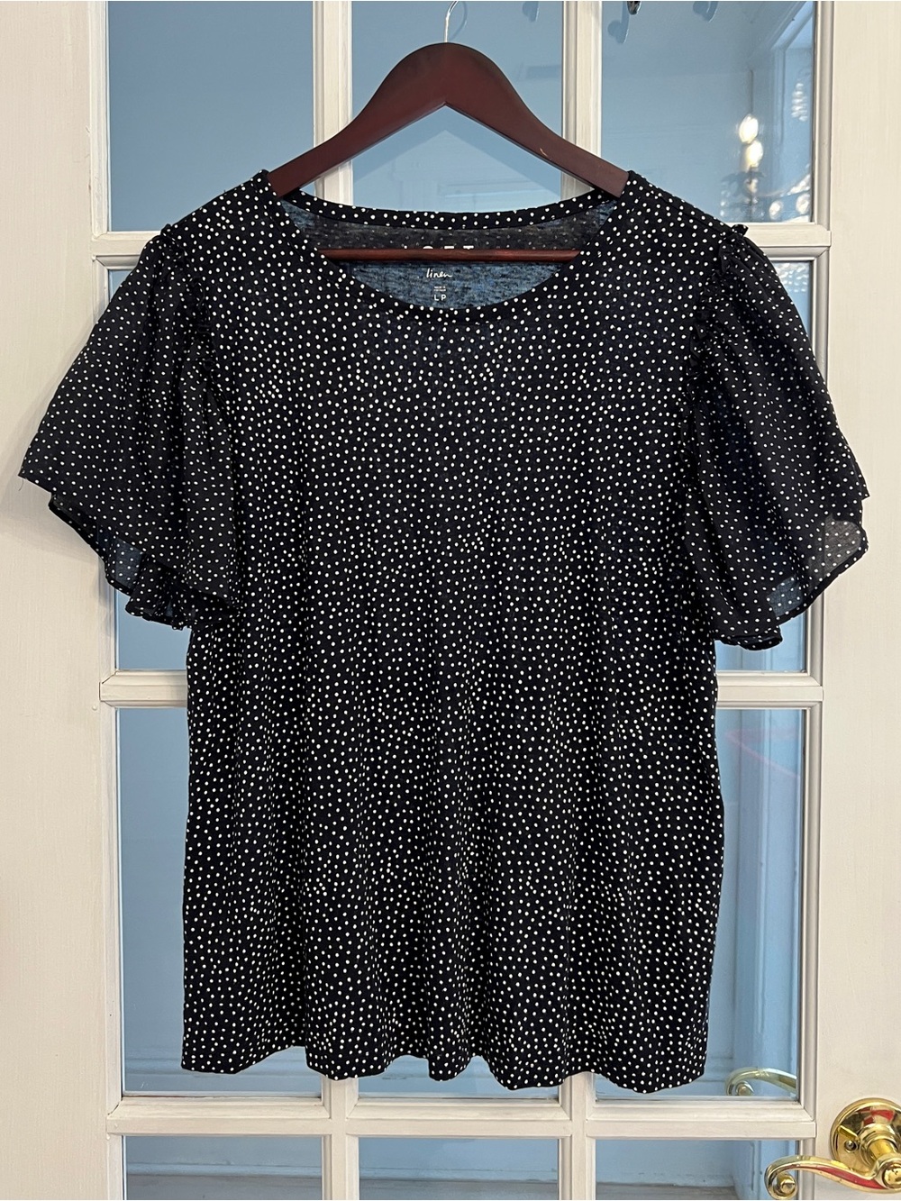 LOFT Women’s Black White Polka Dot Linen Flutter Sleeve Blouse Top LP